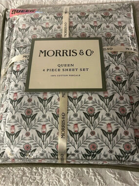 Morris & Co. Queen 4 Piece Sheet Set 100% Cotton Percale Tulip & Rose Pink   New